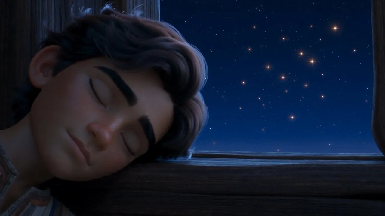Daniel sleeps by the window under a sky of stars