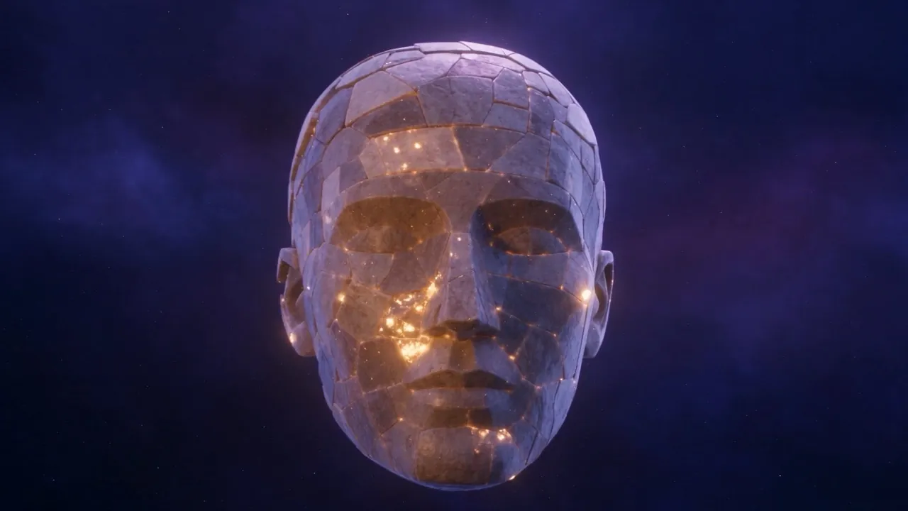 The fragments assemble into a vast cracked face