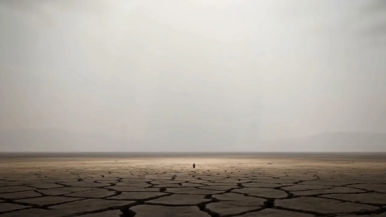 A cracked, empty plain under a white sky — one tiny figure
