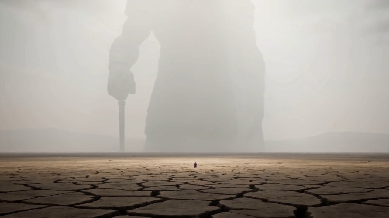 A colossal statue looms over a tiny man in the dream