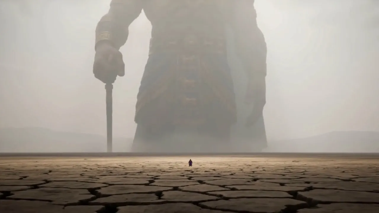 The statue's legs rise like towers from the plain