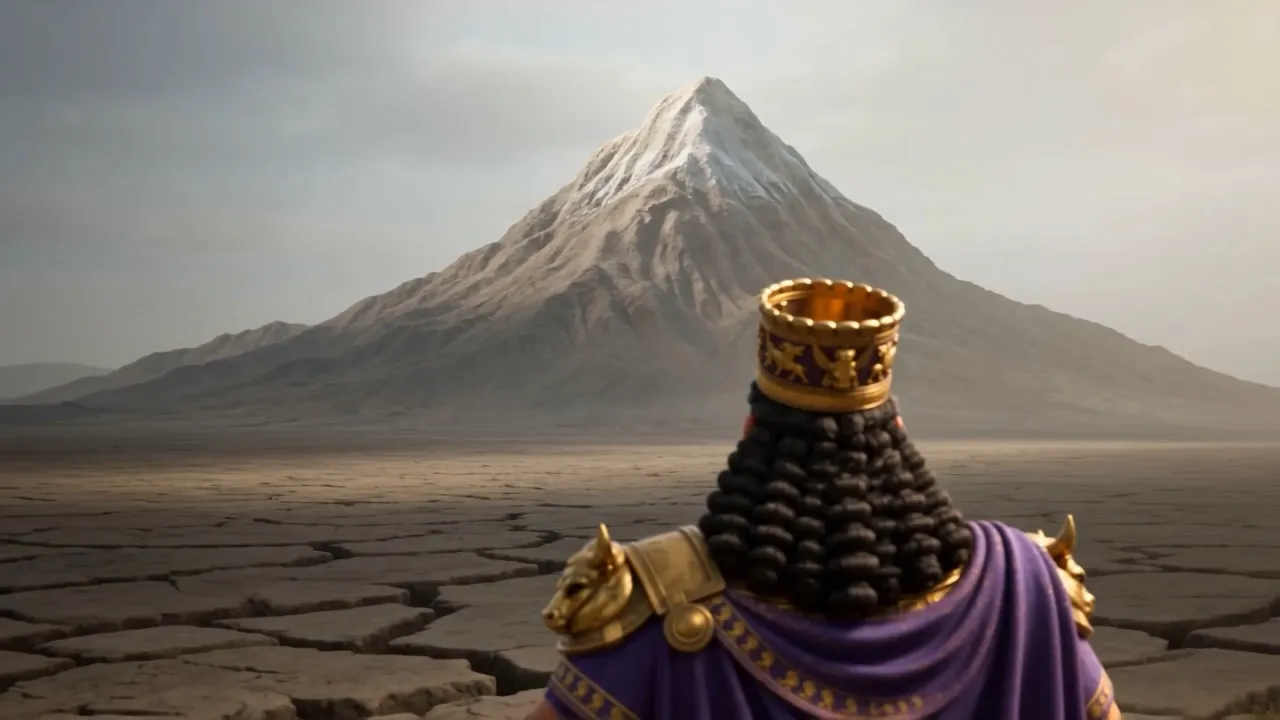 The king stands small before a mountain filling the horizon