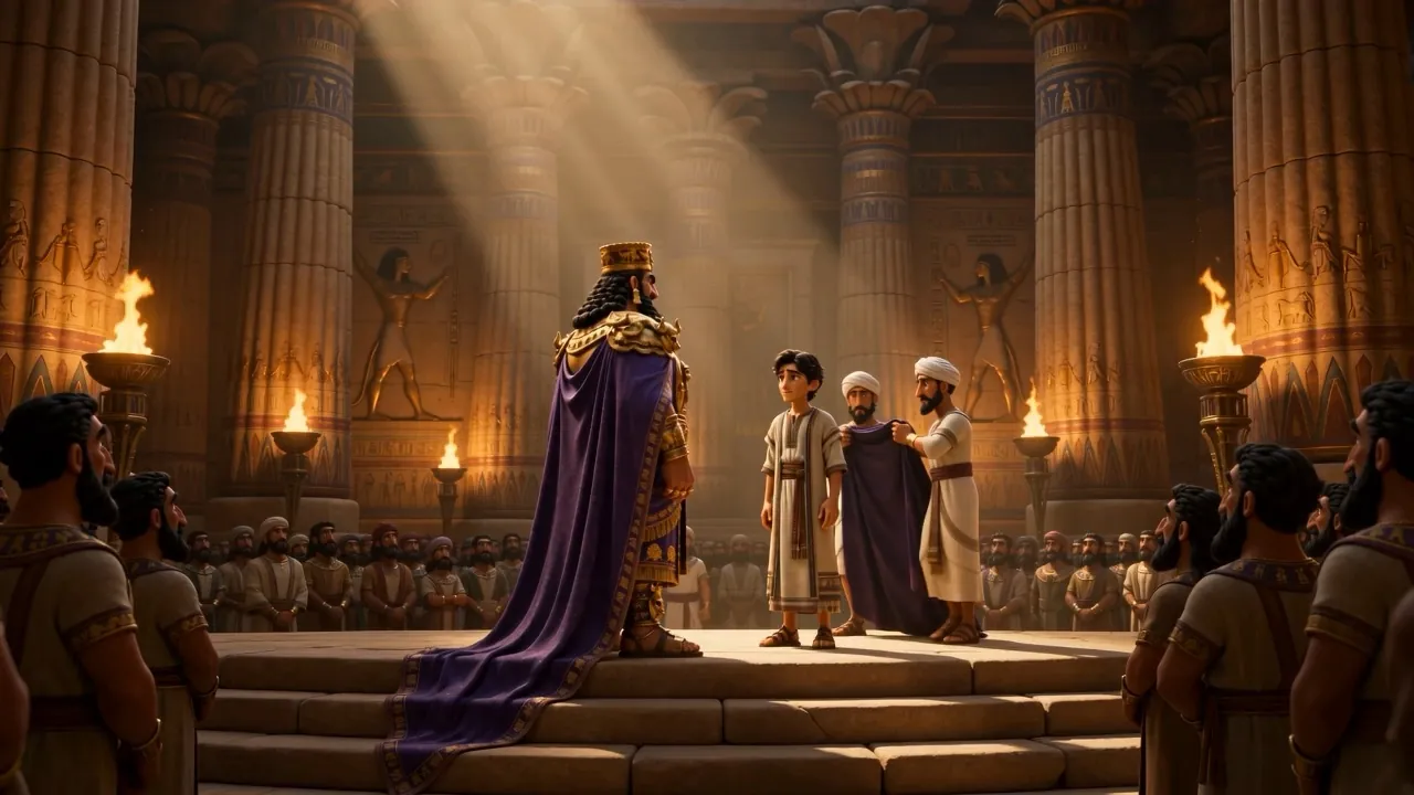 On the dais, a purple robe is draped over Daniel's shoulders