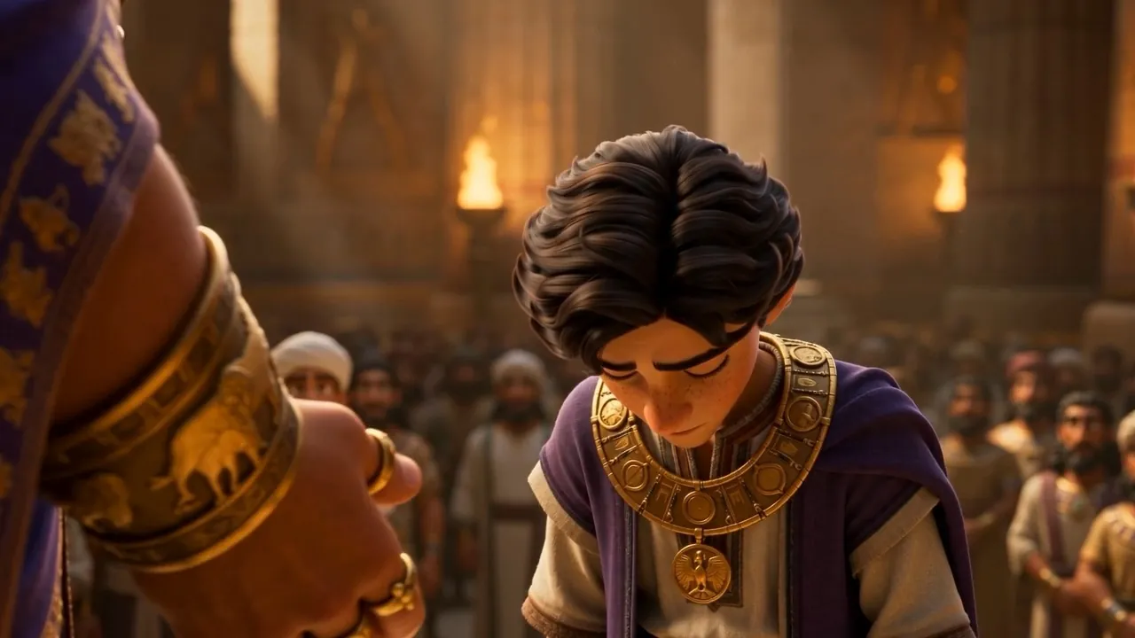 Daniel in purple and gold, head bowed, almost embarrassed