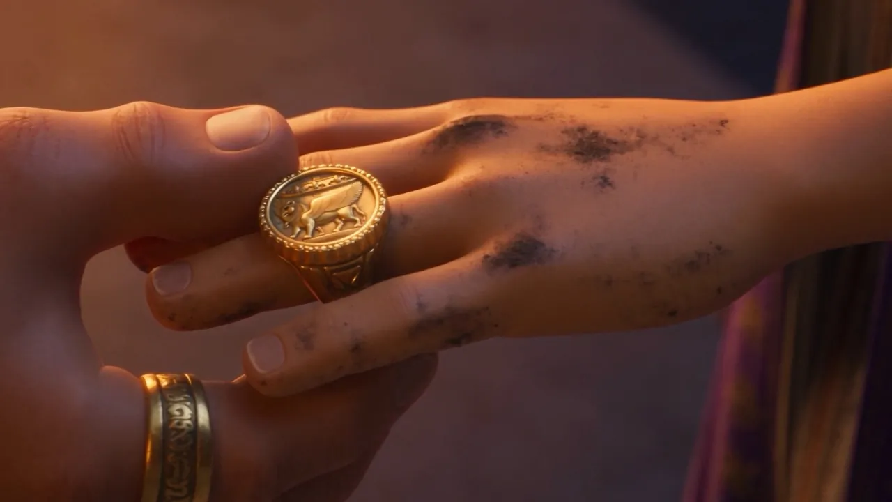 A golden signet ring slides onto his hand
