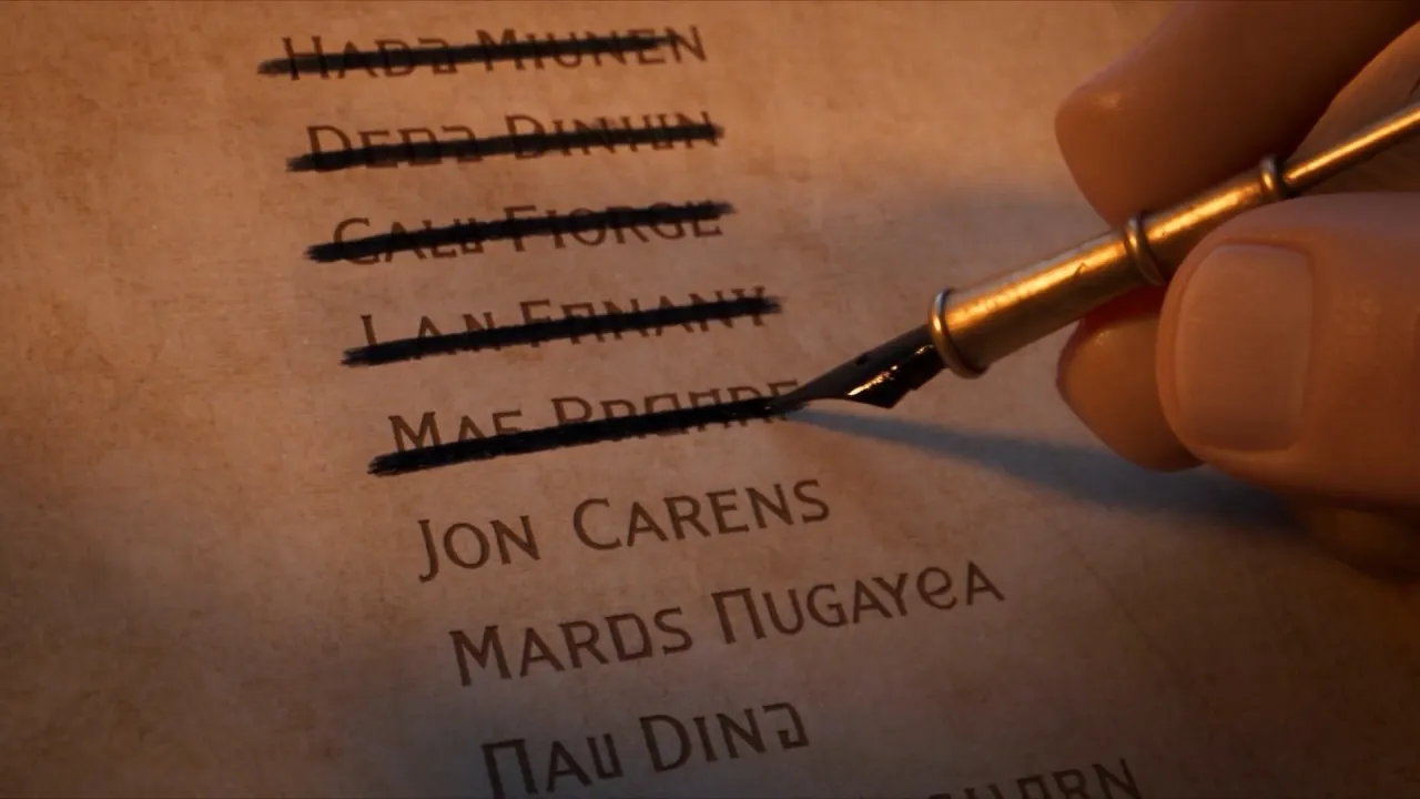 On the execution list, a stylus strikes through name after name