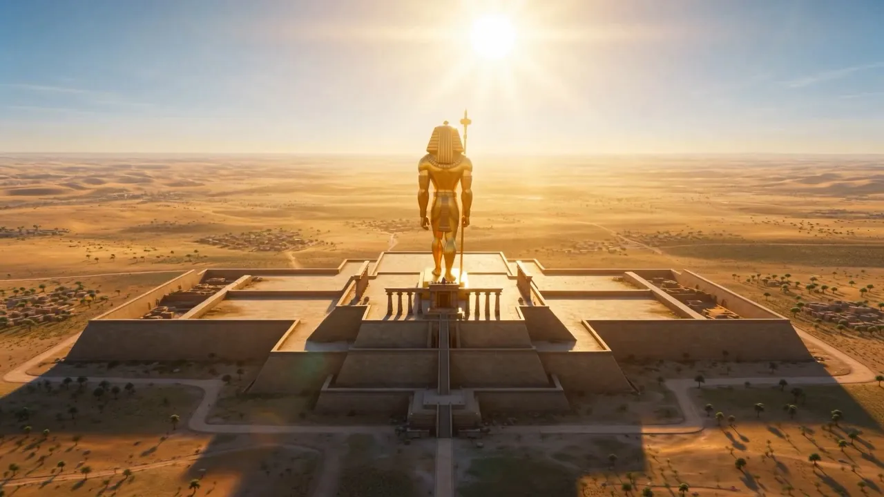 A golden colossus towers over the plain of Dura, sun blazing behind it