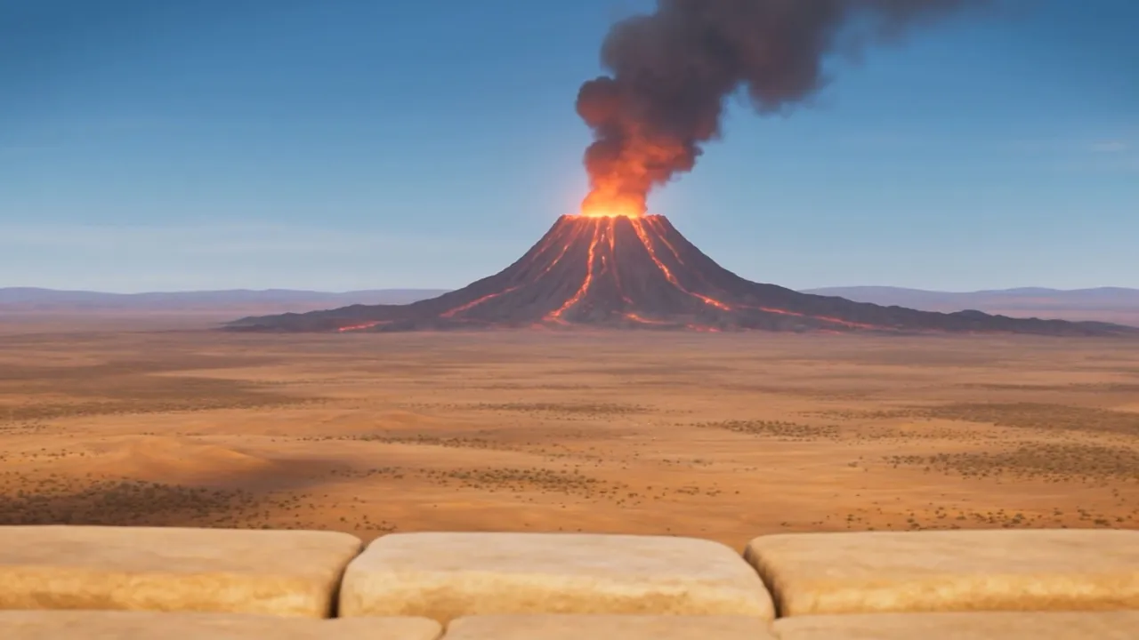He points to the horizon — a furnace-mountain trailing smoke