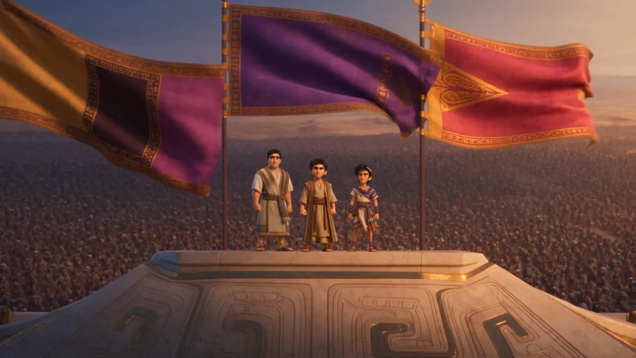 Purple and crimson banners ripple over the darkening plain