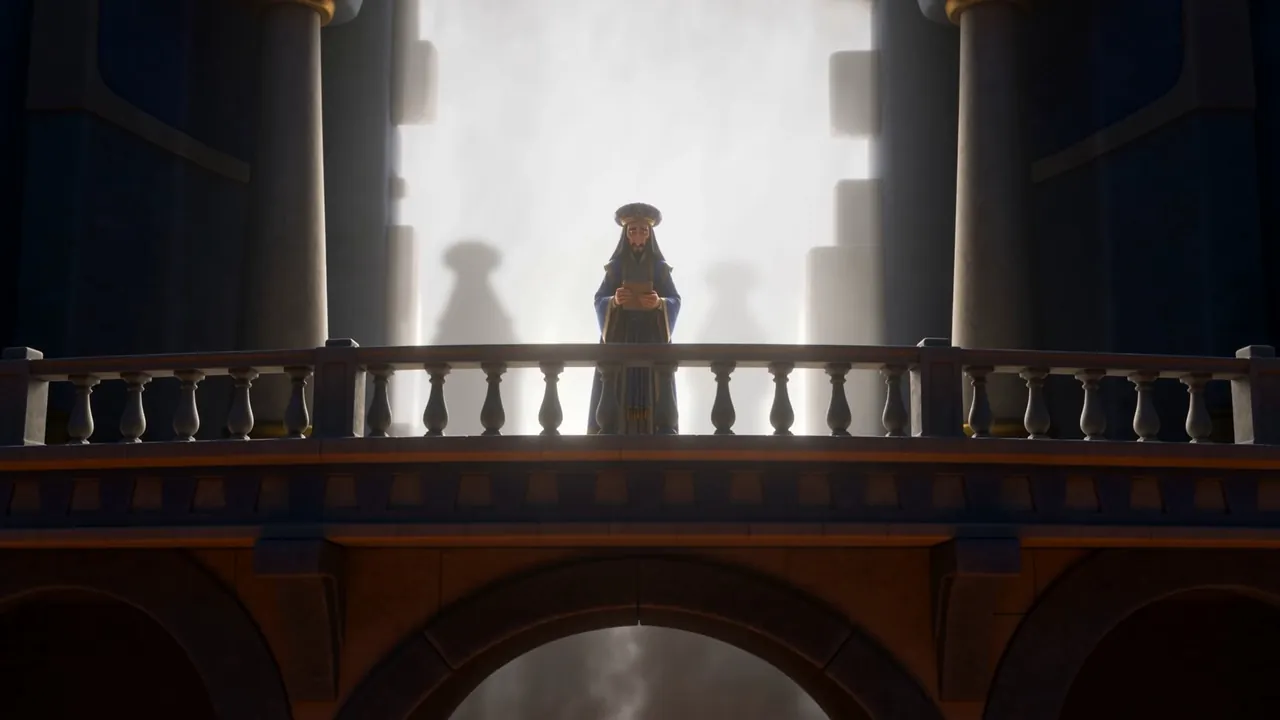 From a high balcony the king watches the glare