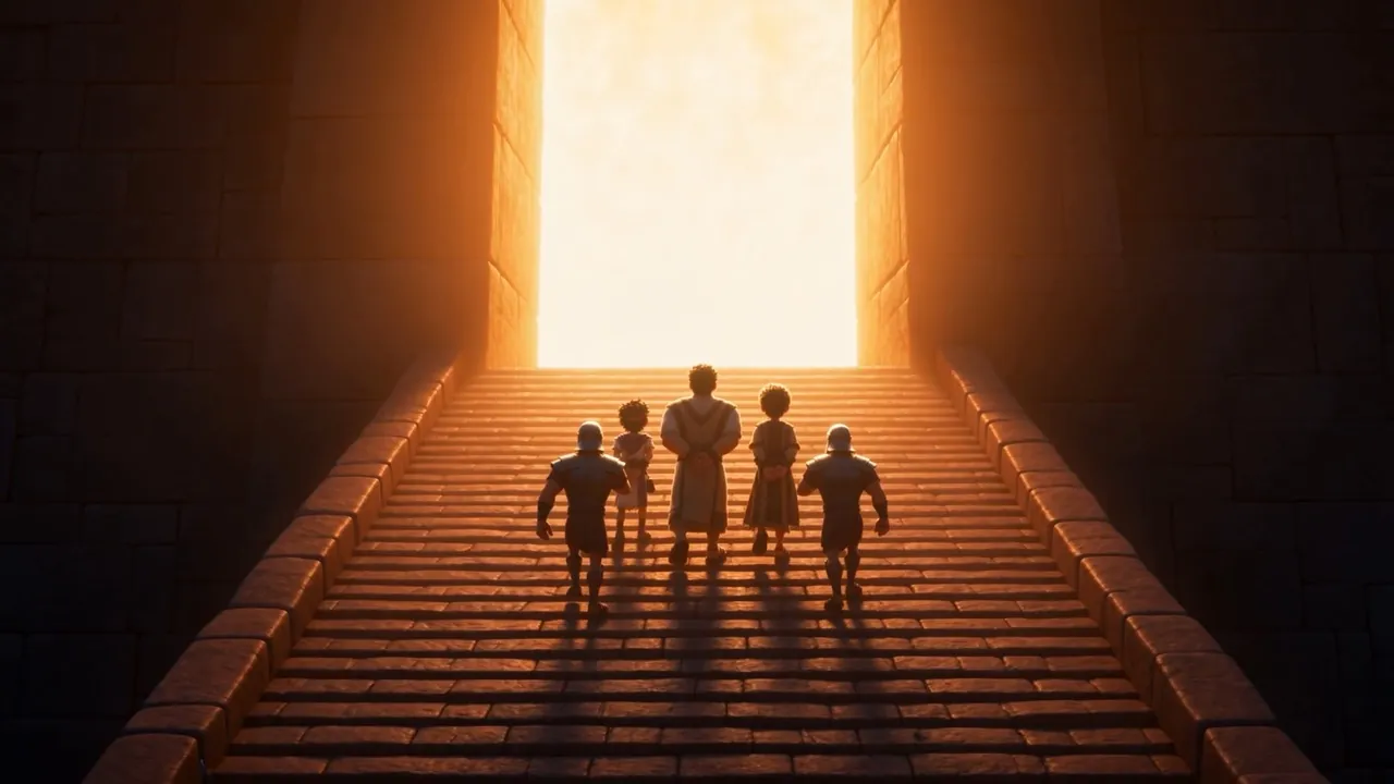 Small dark figures against the white-hot door