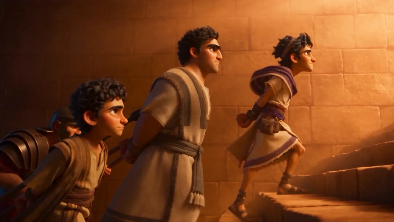 They walk the long stairs toward the burning doorway