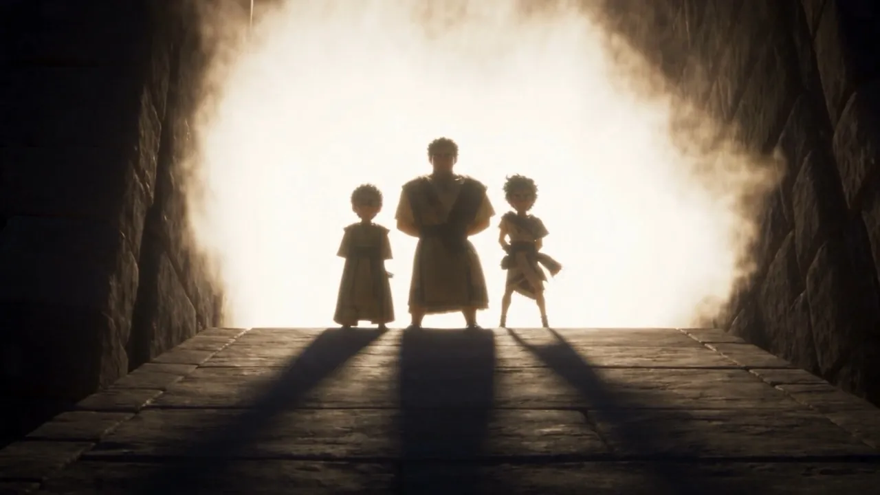 Three silhouettes stand in the doorway of fire