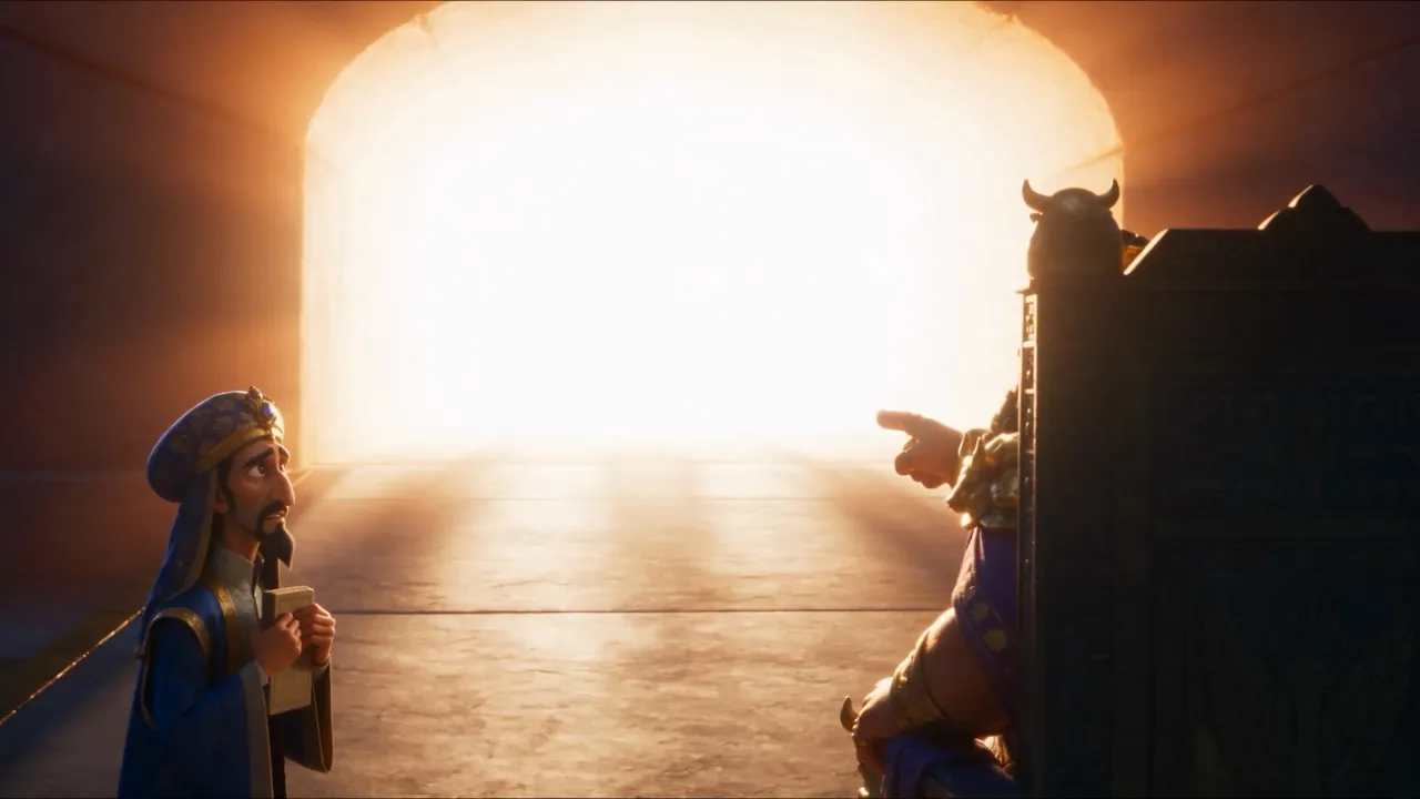 In the furnace doorway, pale shapes move through the white