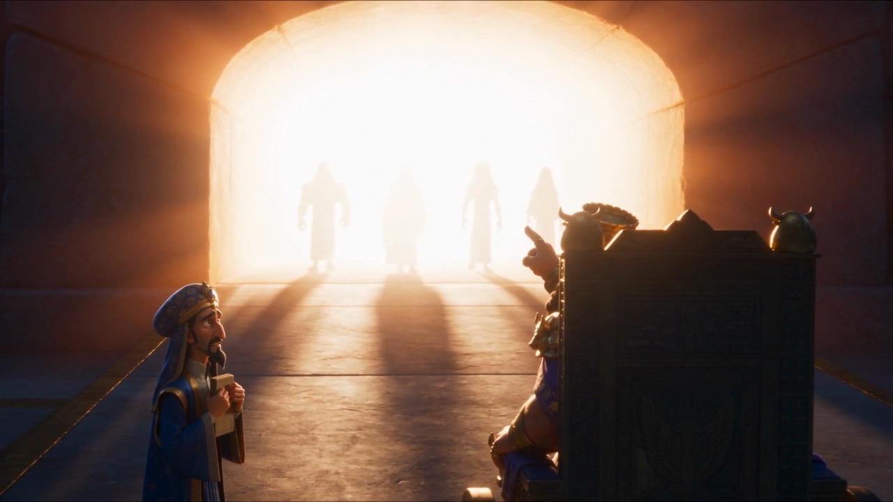 Four figures walk free inside the furnace glow