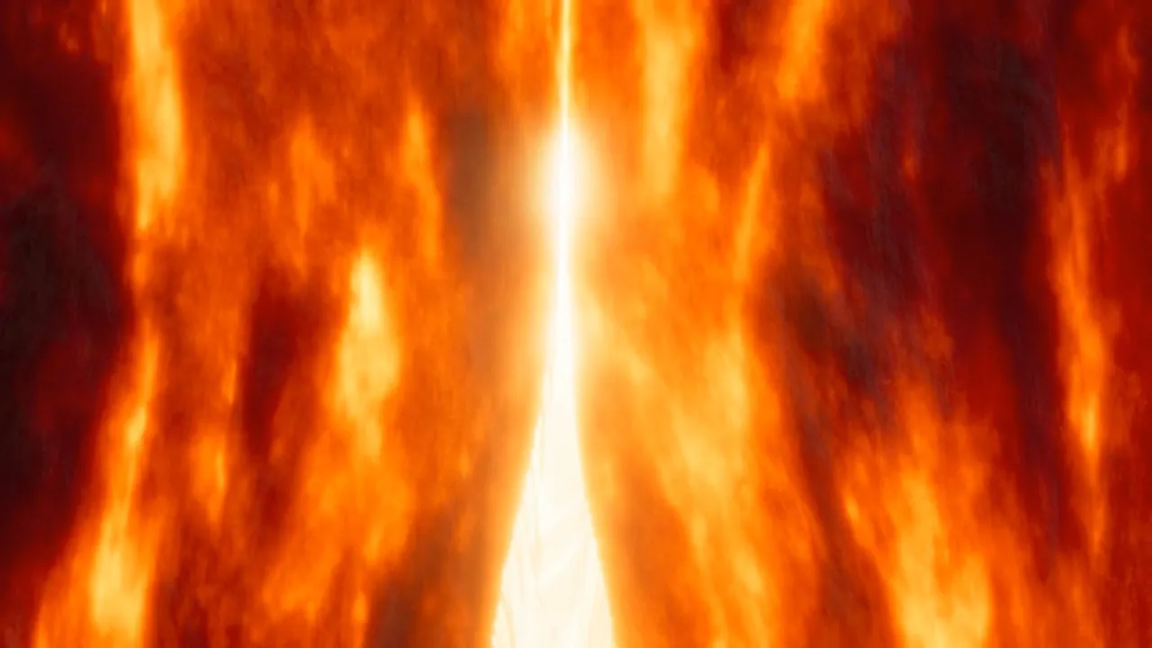 A pillar of white light splits the walls of flame