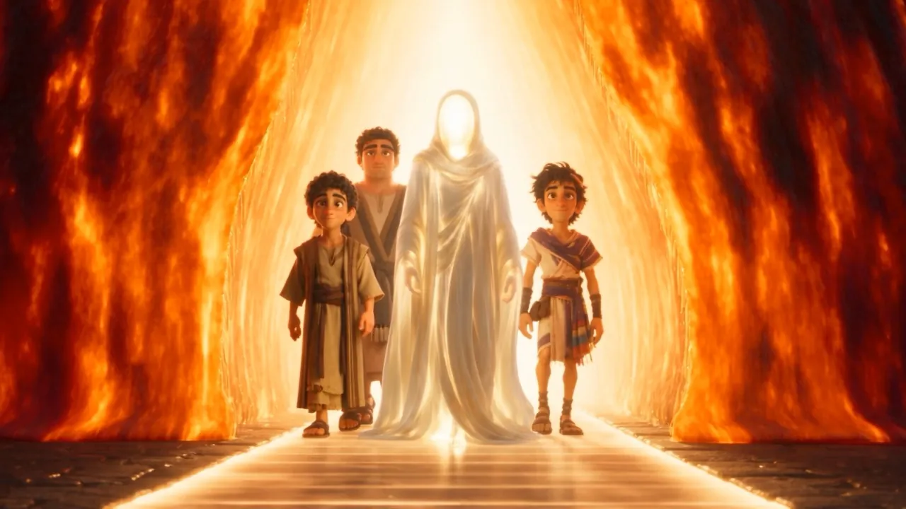 The four walk together down a corridor of fire