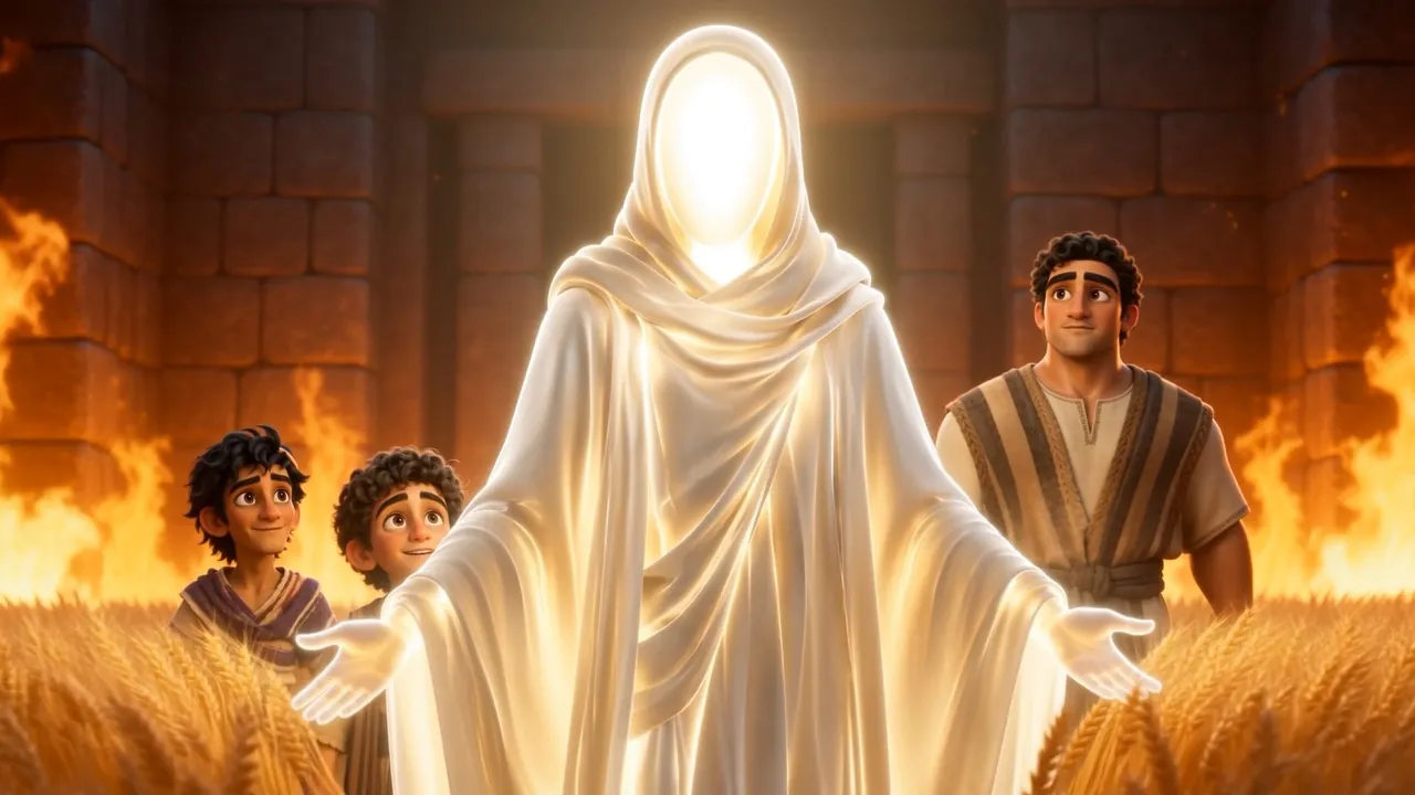 Where he walks, the fire turns to a field of golden wheat