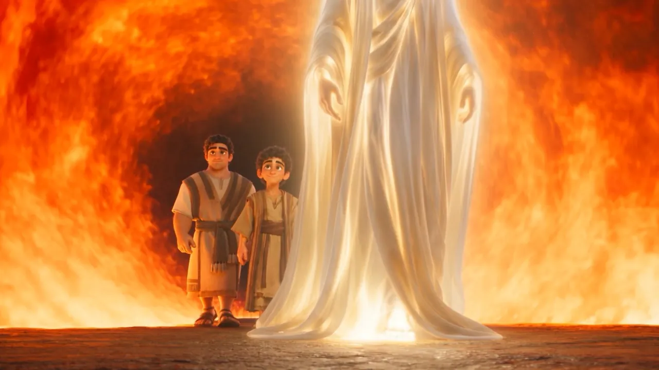 The figure leads them on through the storm of fire