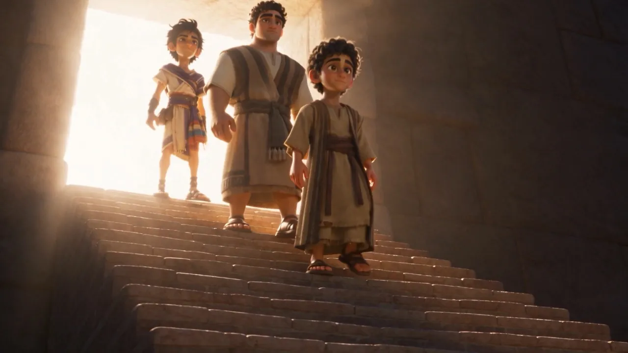 They walk down the long stairs, whole and unhurried