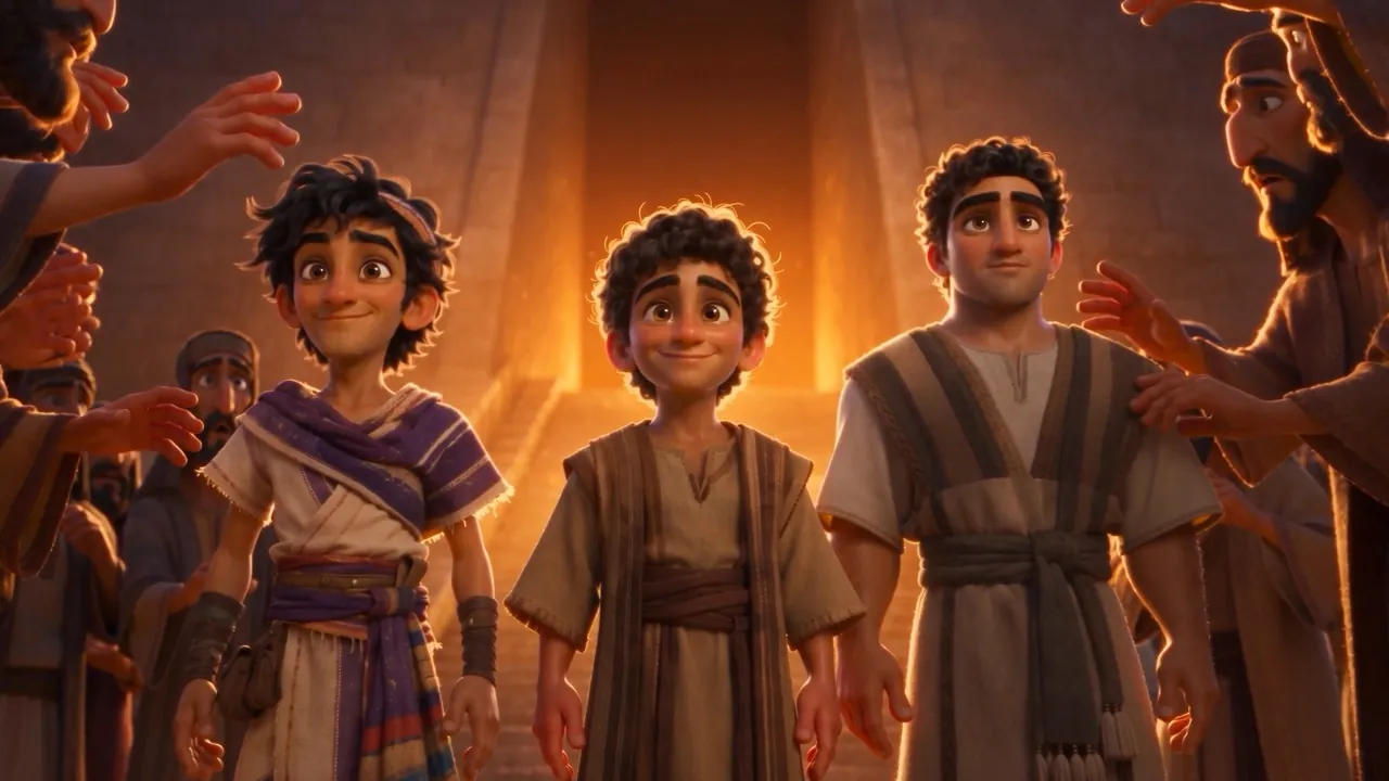 The three stand smiling in the golden torchlight
