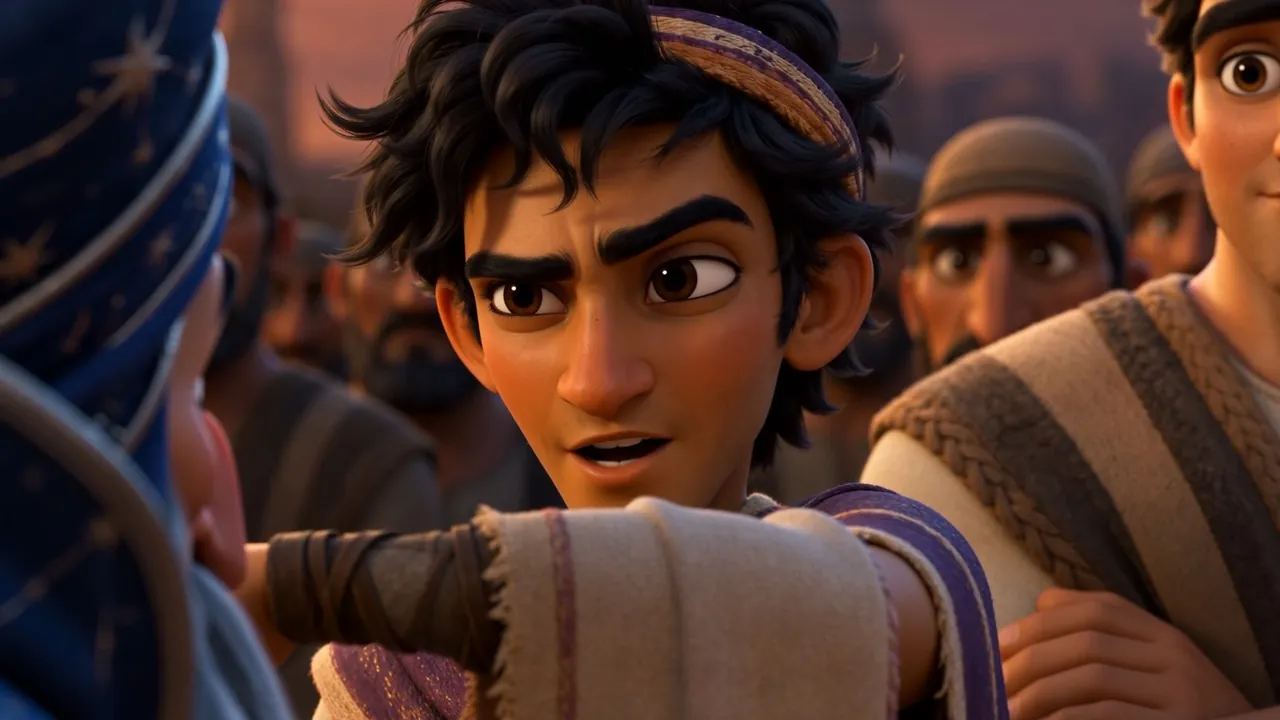 Azariah cheerfully points back at the furnace, explaining