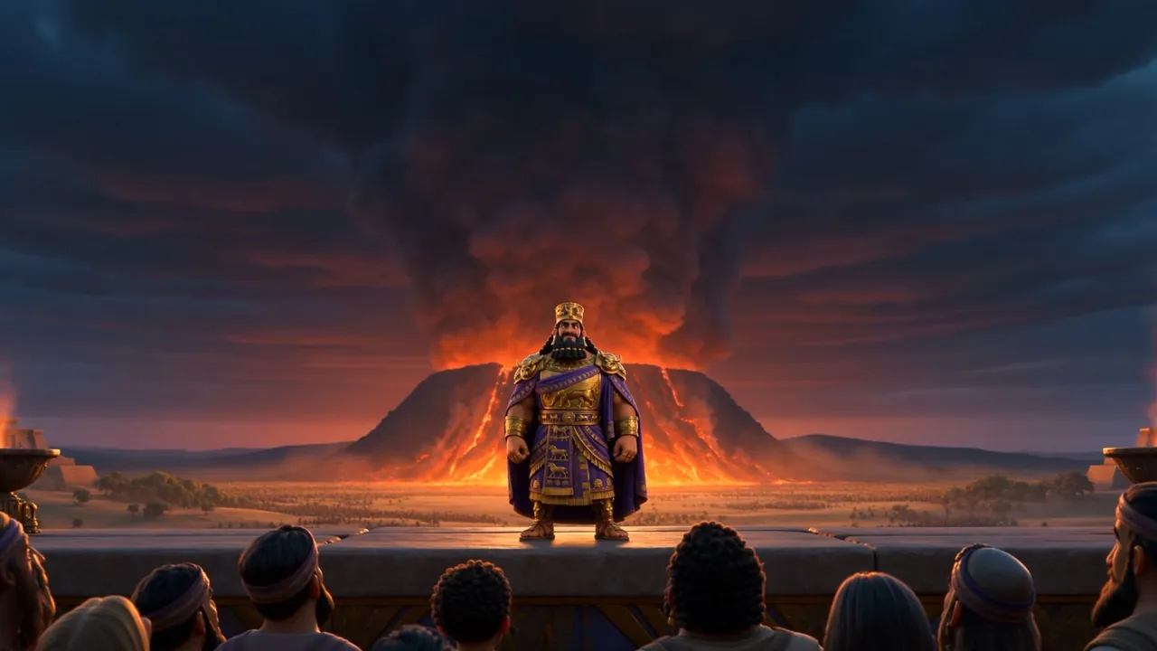 Before the smoking furnace-mount, the king spreads his arms to the crowd