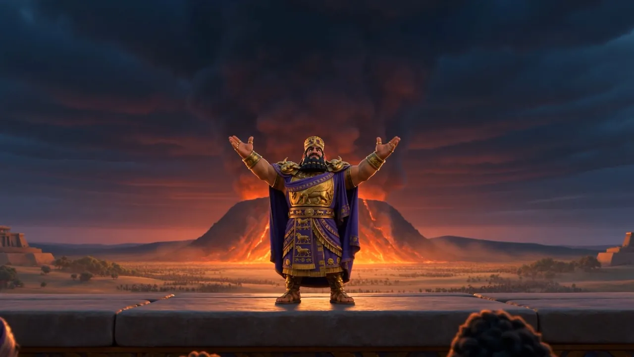 Arms high, Nebuchadnezzar proclaims to the plain