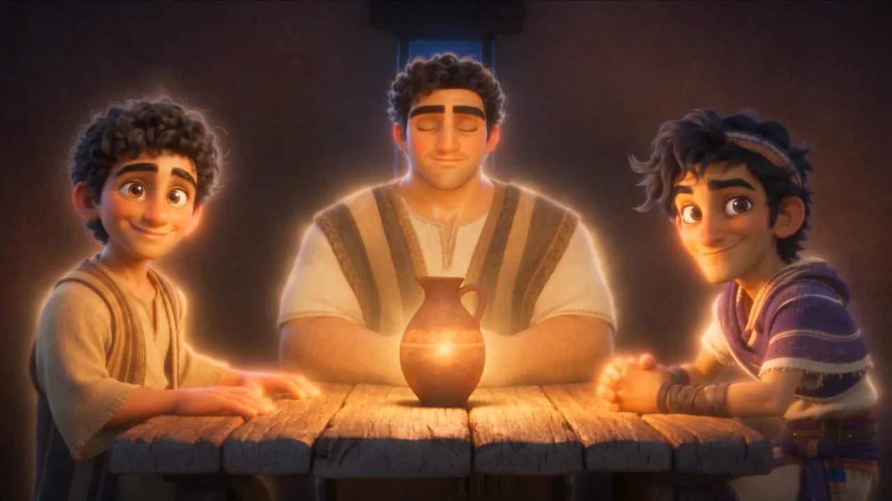The three sit at the table — still faintly glowing