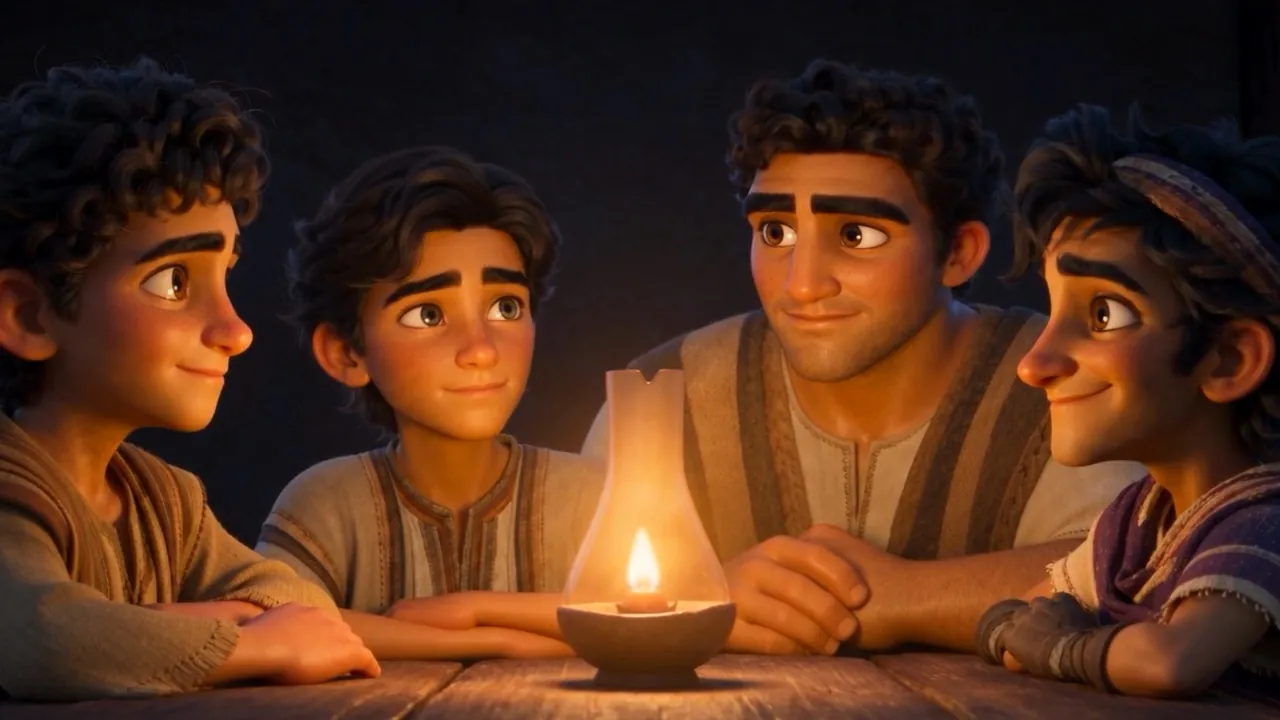 Four faces glow around the small flame as the story is told