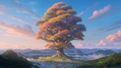 The great tree rises over the misty hills