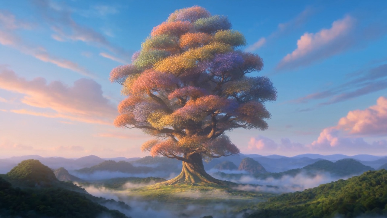 The great tree rises over the misty hills