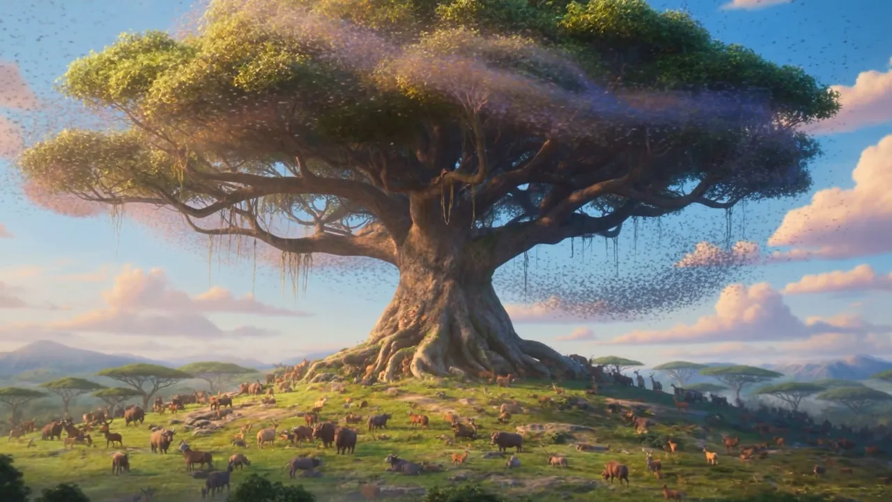 Herds graze around the great tree to the horizon