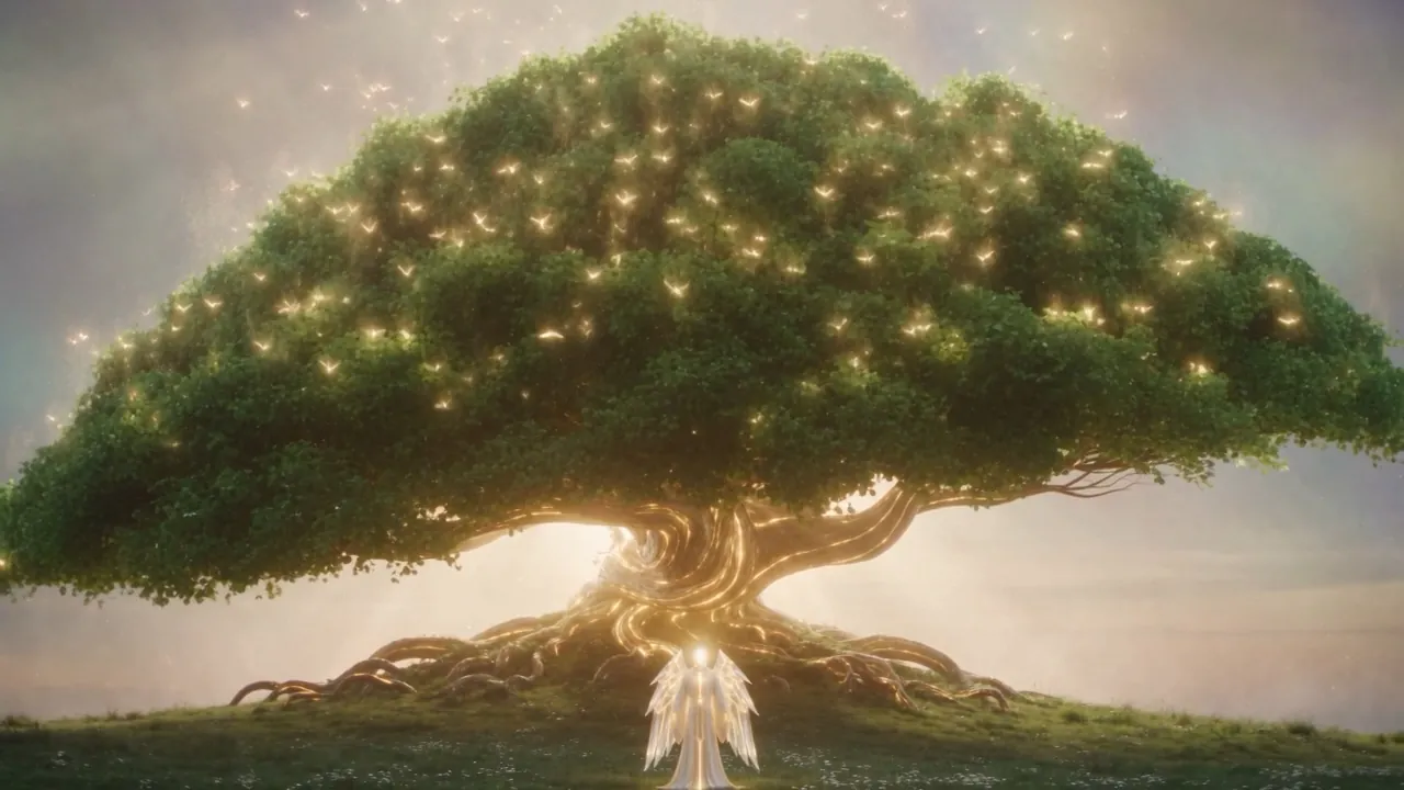 The great tree glows, the tiny figure of light at its base