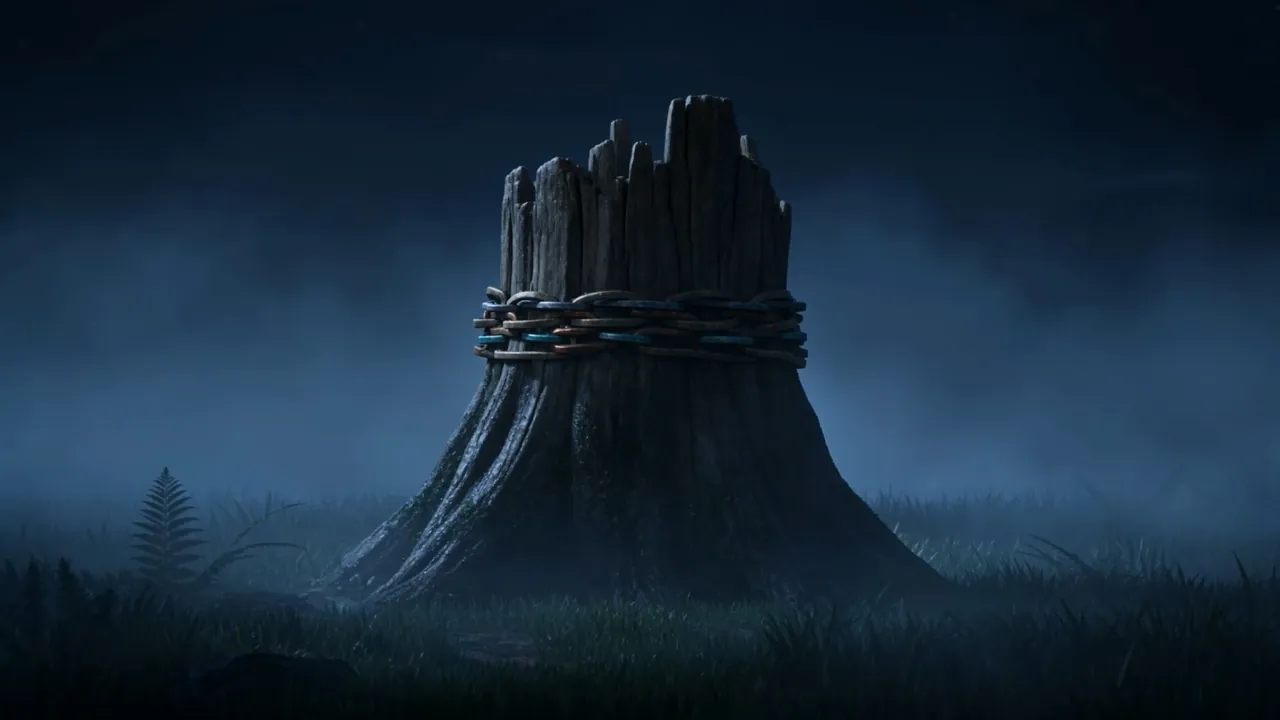 A dark stump stands alone in the misty field