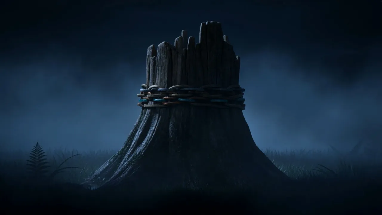 The chained stump waits in the fog