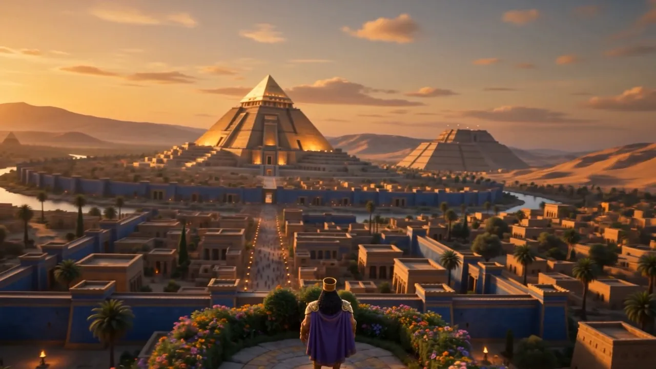 Babylon rolls to the horizon, ziggurat and river gleaming