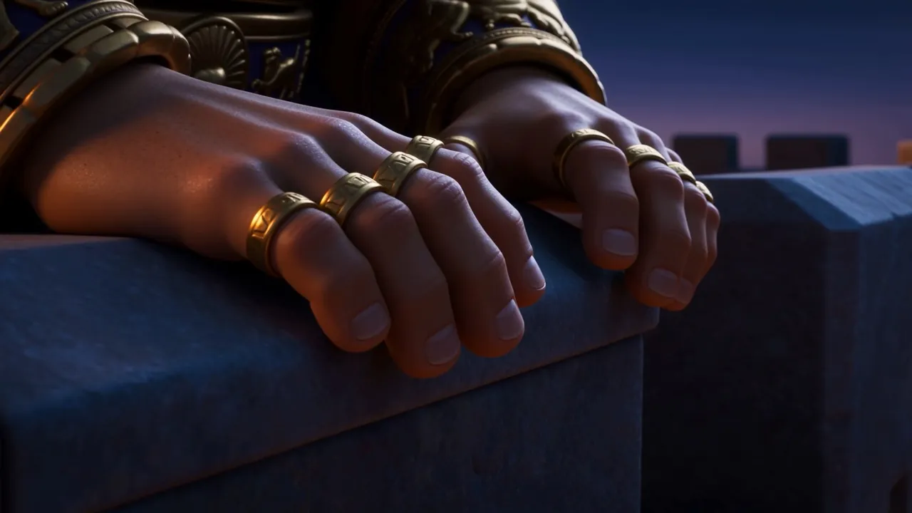 His ringed hands grip the parapet stone