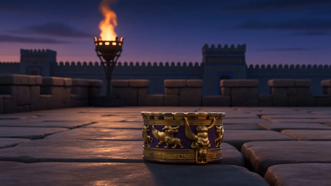 The crown lies on the pavement in the torchlight