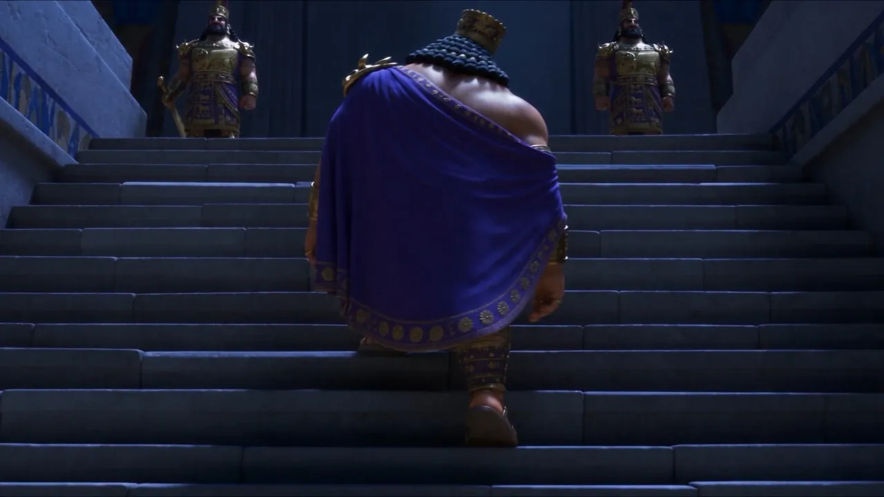 Stripped of his gold, the king stumbles down the palace stairs