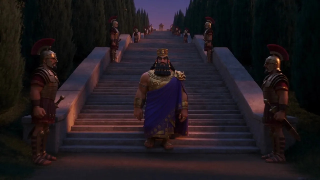 Guards watch him pass, a plain cloak over his shoulders