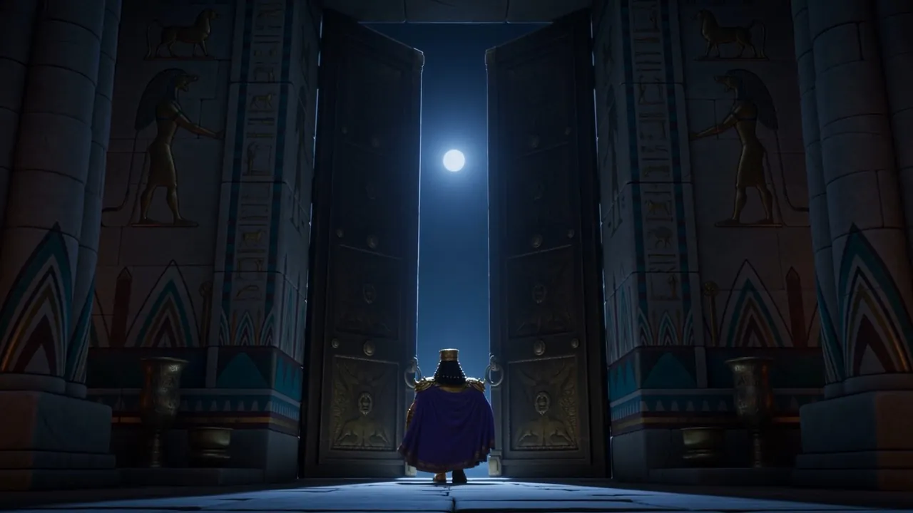 The great doors open onto moonlight — he walks out alone