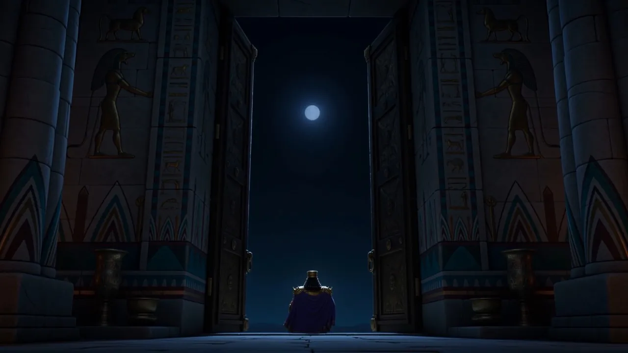 A tiny cloaked figure leaves the palace behind
