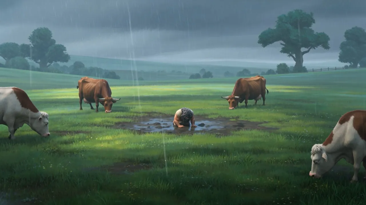 A rainy meadow — cattle graze, and something hunches among them
