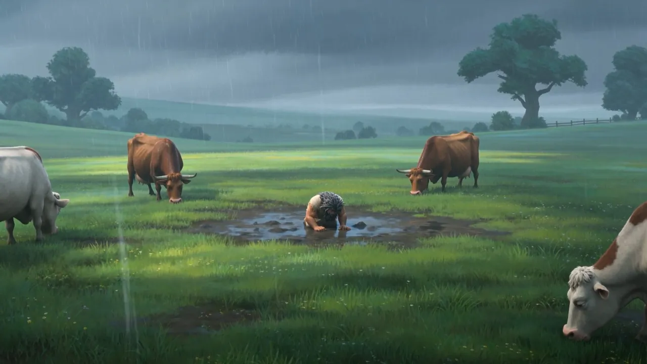 On all fours in the wet grass, the king grazes with the herd