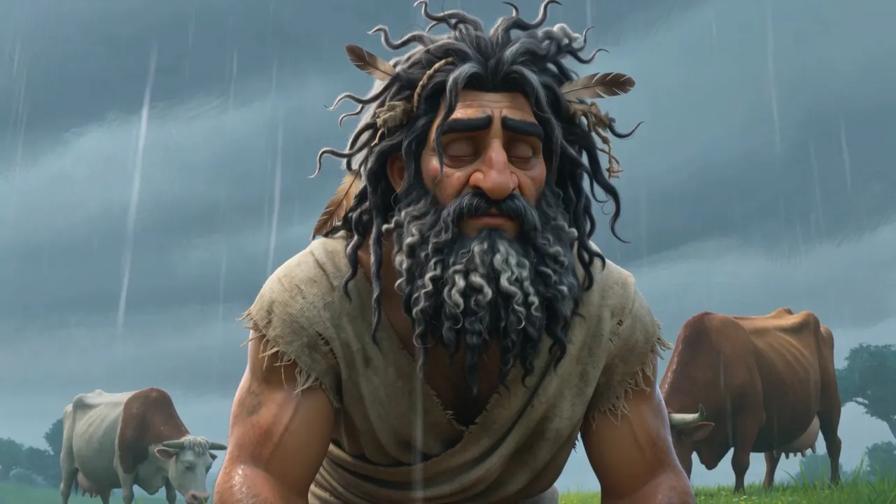 Wild-haired and matted, feathers tangled in his mane, rain on his face