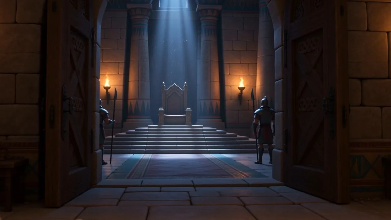 The throne room stands empty, doors open on the dark