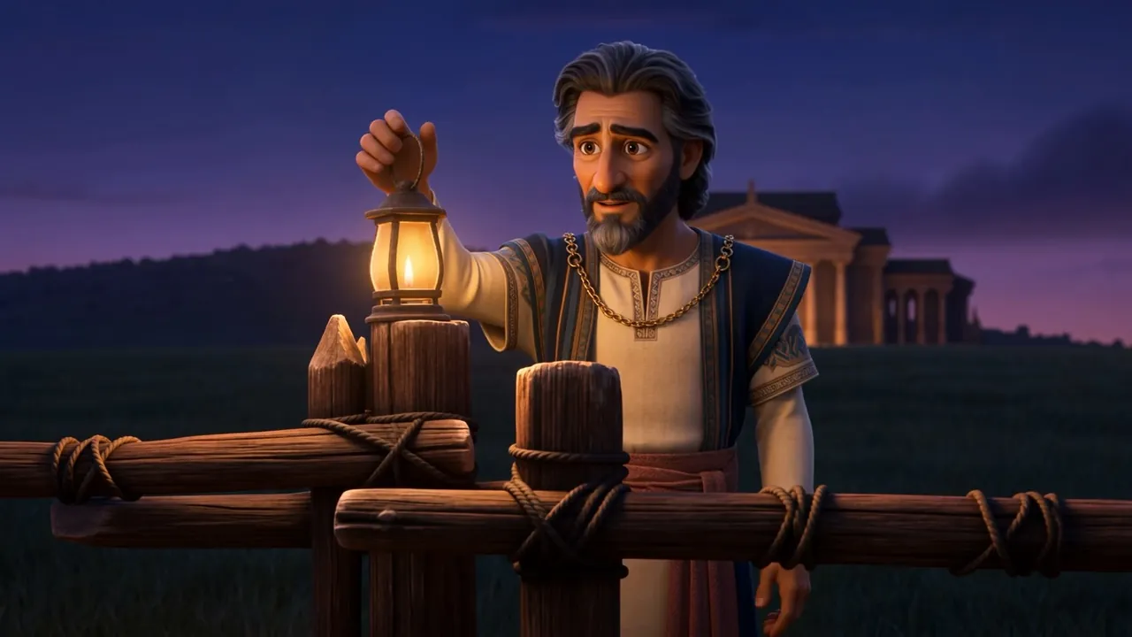 He hangs the lantern on the fence post, burning