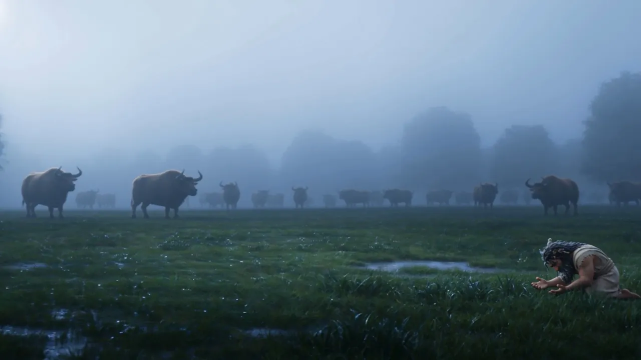 Dawn mist on the pasture, the herd grazing quiet