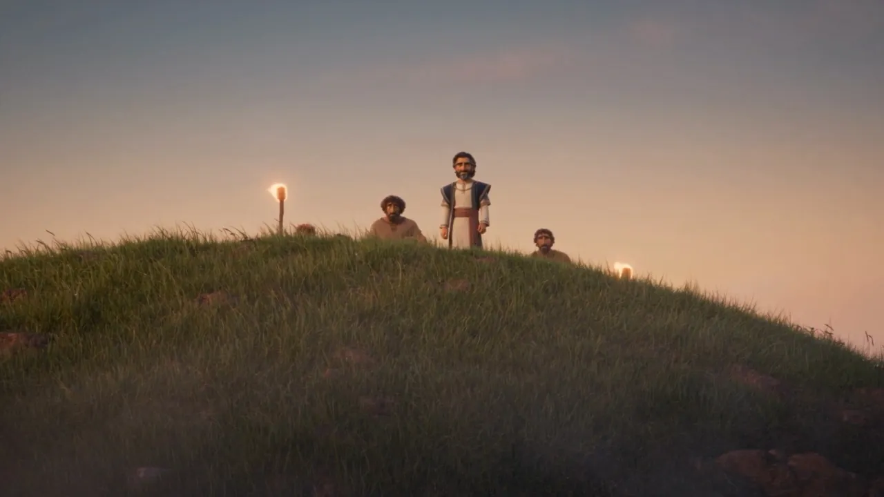 A search party crests the hill at first light, Daniel leading